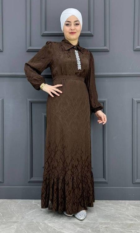 Kadın Jakarlı Önü YakaTaşlı Elbise IŞL-6004-KAHVERENGİ - 1