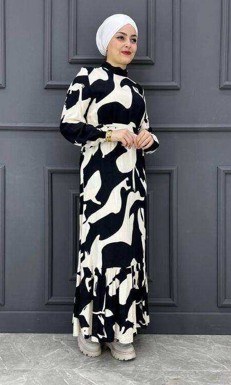 Kadın Karışık Desenli Elbise BYRV2024-2111-SİYAH - 2