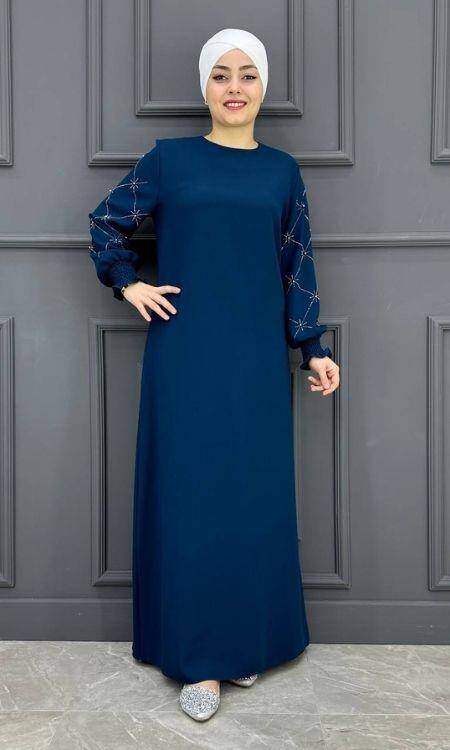Kadın Kolları Taşlı Elbise ERY-603-LACİVERT - 1