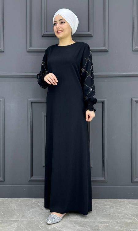 Kadın Kolları Taşlı Elbise ERY-603-SİYAH - 2