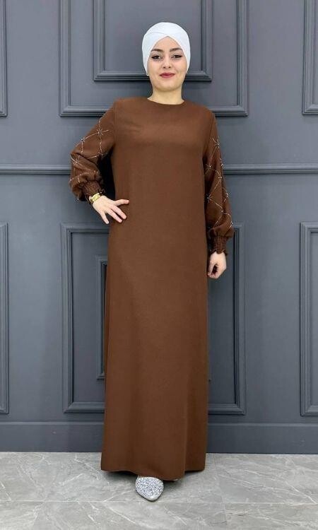 Kadın Kolları Taşlı Elbise ERY-603-TABA - 1