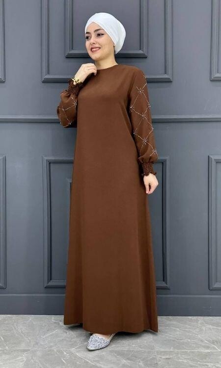Kadın Kolları Taşlı Elbise ERY-603-TABA - 3