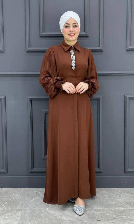 Kadın Kolu Pilise Ve Yakası Taş Detaylı Elbise KSR6917-Kahverengi - 2