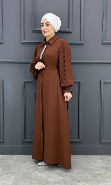 Kadın Kolu Pilise Ve Yakası Taş Detaylı Elbise KSR6917-Kahverengi - 3