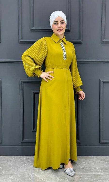 Kadın Kolu Pilise Ve Yakası Taş Detaylı Elbise KSR6917-Yağ Yeşili - 1