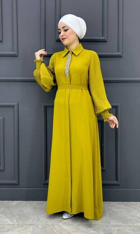 Kadın Kolu Pilise Ve Yakası Taş Detaylı Elbise KSR6917-Yağ Yeşili - 2