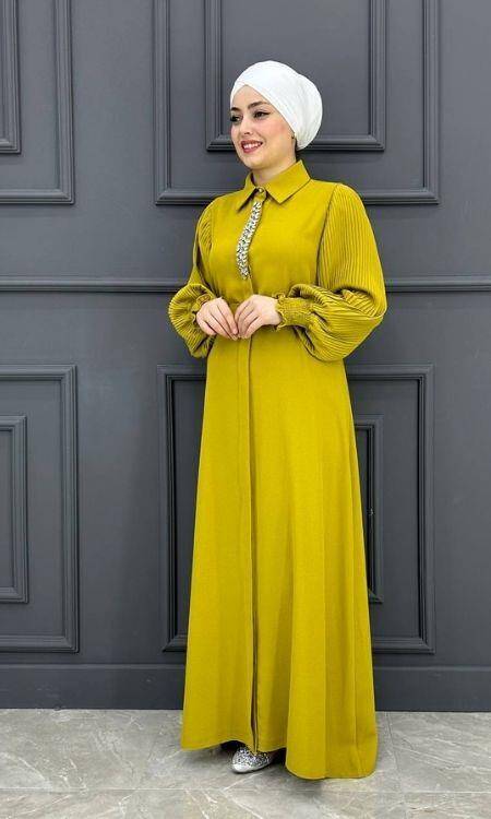 Kadın Kolu Pilise Ve Yakası Taş Detaylı Elbise KSR6917-Yağ Yeşili - 3