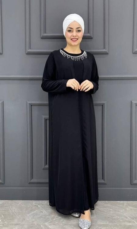 Kadın Kolyeli Şifon Elbise SH24379-SİYAH - 1