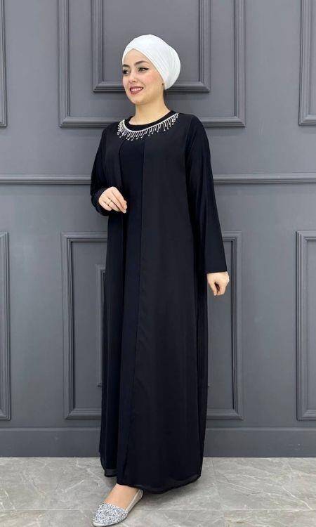 Kadın Kolyeli Şifon Elbise SH24379-SİYAH - 2