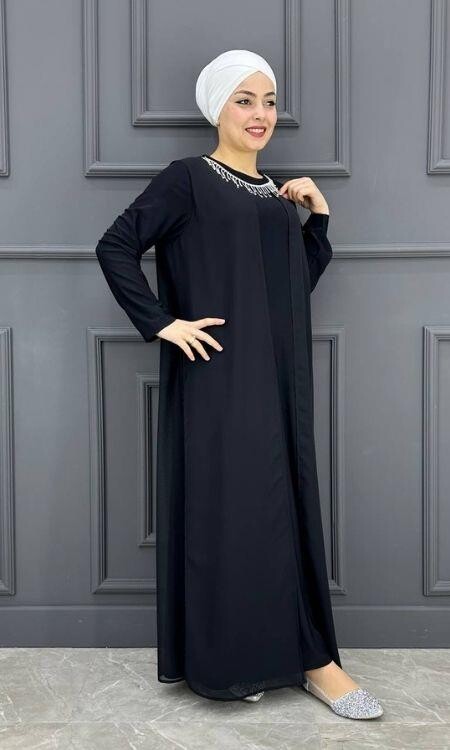 Kadın Kolyeli Şifon Elbise SH24379-SİYAH - 3