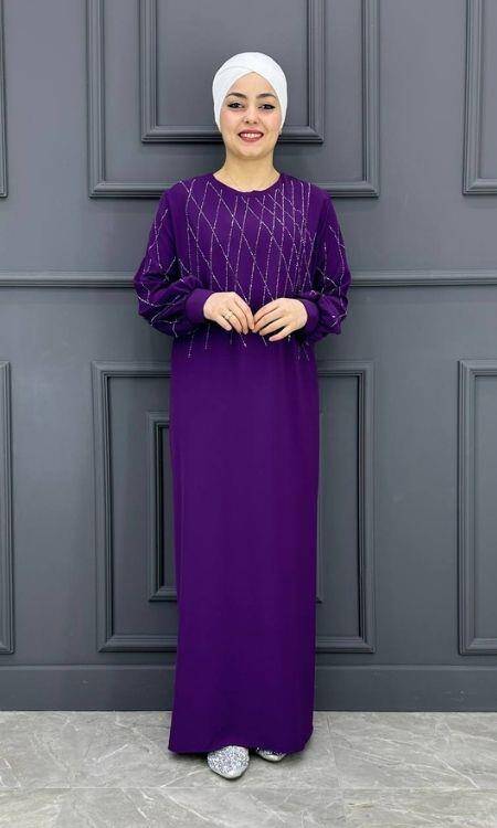 Kadın Yaka ve Kolları Taş Detaylı Elbise ERY-606-MOR - 1