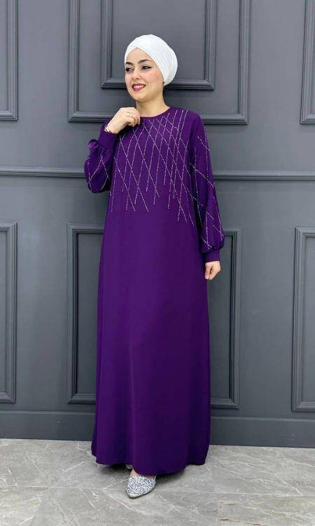 Kadın Yaka ve Kolları Taş Detaylı Elbise ERY-606-MOR - 2