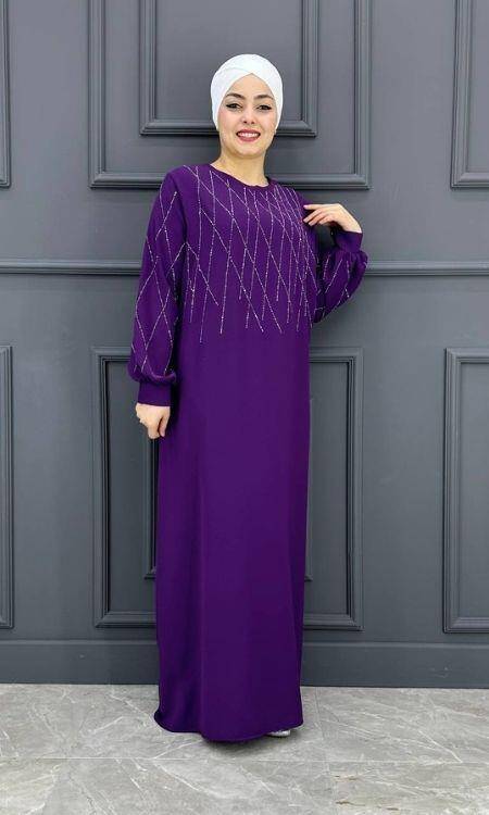 Kadın Yaka ve Kolları Taş Detaylı Elbise ERY-606-MOR - 3