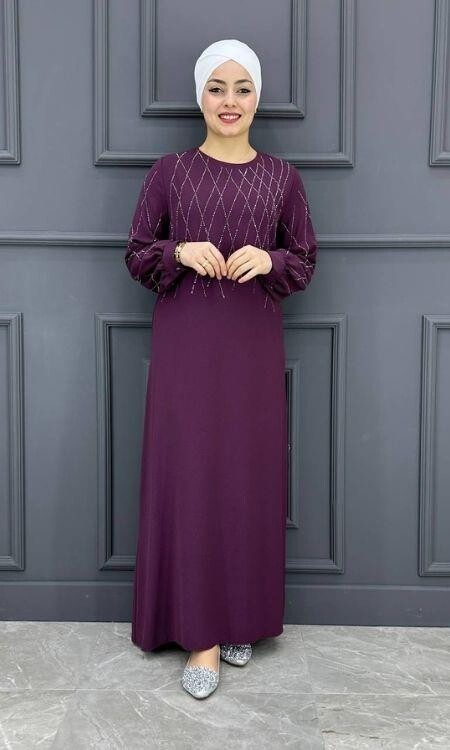 Kadın Yaka ve Kolları Taş Detaylı Elbise ERY-606-MÜRDÜM - 1