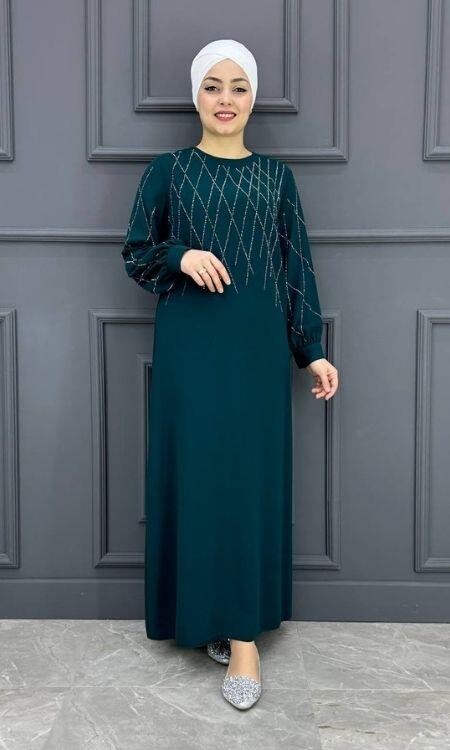 Kadın Yaka ve Kolları Taş Detaylı Elbise ERY-606-ZÜMRÜT YEŞLİ - 1
