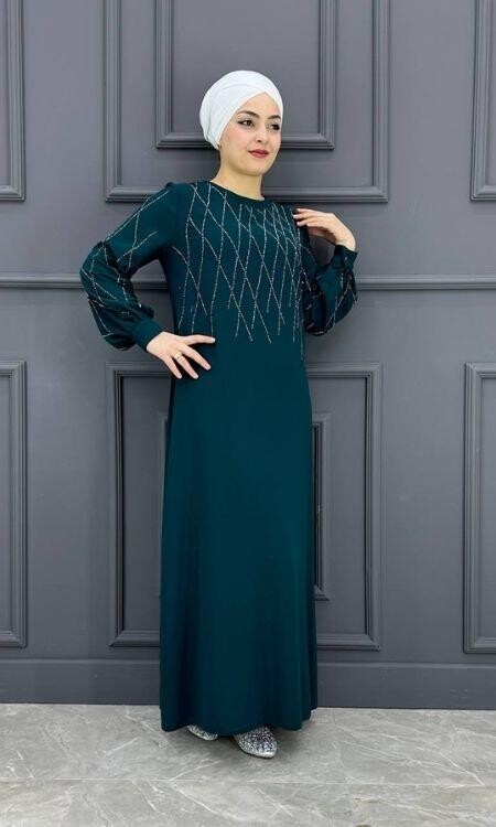 Kadın Yaka ve Kolları Taş Detaylı Elbise ERY-606-ZÜMRÜT YEŞLİ - 2