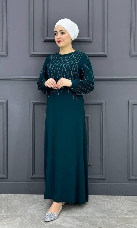 Kadın Yaka ve Kolları Taş Detaylı Elbise ERY-606-ZÜMRÜT YEŞLİ - 3