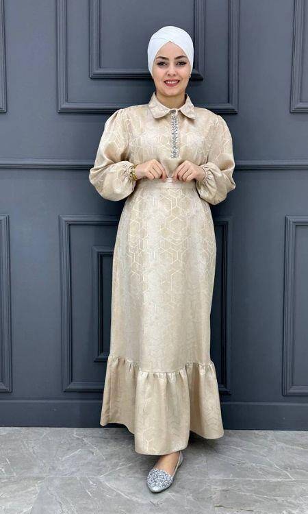 Kadın Yakası Taşlı Jakar Elbise MST-3074-BEJ - 1