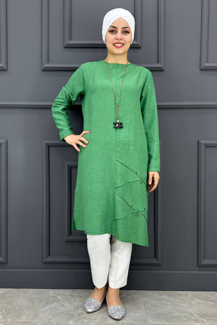 Kadın Nervür Dikim  Detaylı Kolyeli Tesettür Tunik MDE24210502-080-Benetton