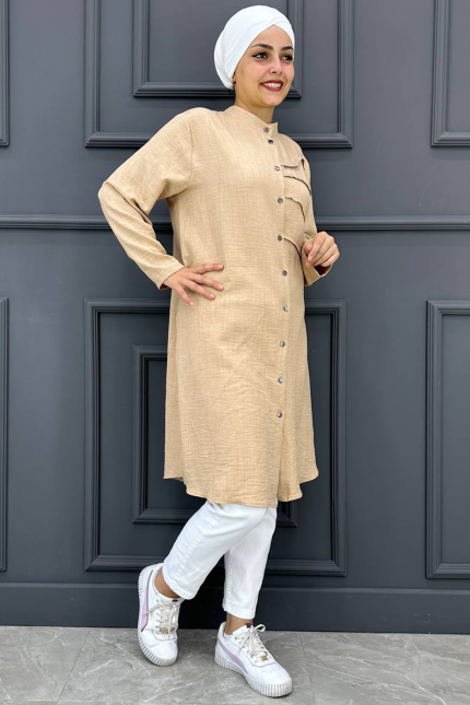 Kadın Önü  Şerit  Detaylı Taş Tesettür Gömlek MDE24210530-080-Bej
