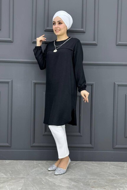 Kadın Kolye Ve Bileği Büzgü Detaylı Tesettür Tunik MDE24200219-080-Siyah