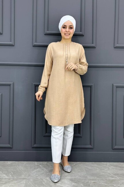 Kadın Nervür Ve Taş Detaylı Tesettür Tunik MDE24200228-080-Bej