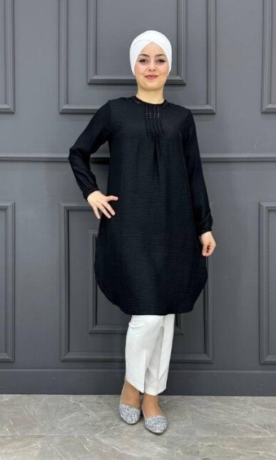Kadın Nervür Ve Taş Detaylı Tesettür Tunik MDE24200250-080-SİYAH