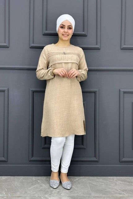 Kadın Taş Ve Düğme Tesettür Tunik MDE24200211-080-Bej