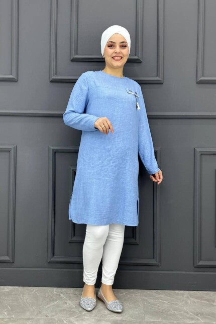 Kadın Püskül Ve Kuş Gözü Aksesuarlı Tesettür Tunik MDE24200216-080-Buz Mavisi