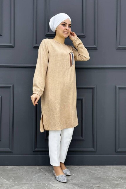 Kadın Kombin Üzeri Taş Detaylı Tesettür Tunik MDE24200234-080-Bej