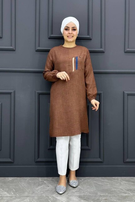 Kadın Kombin Üzeri Taş Detaylı Tesettür Tunik MDE24200234-080-Kahverengi