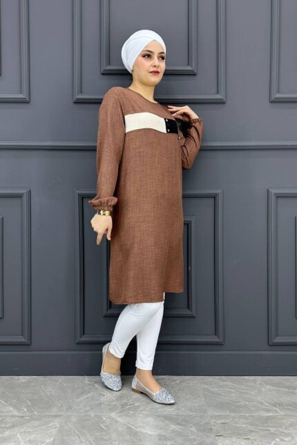 Kadın Sallantı Aksesuarlı Kombin TesettürTunik MDE24200233-080-Kahverengi