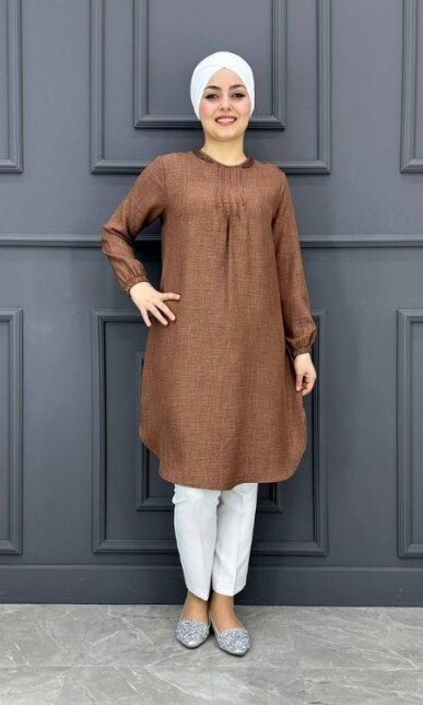 Kadın Nervür Ve Taş Detaylı Tesettür Tunik MDE24200250-080-KAHVERENGİ