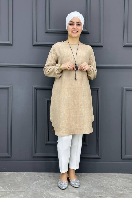 Kadın Kolları Nervür Detaylı Tesettür Tunik MDE24200043-080-Bej