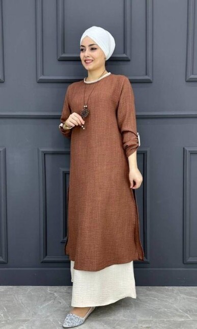 Kolyeli İkili Elbise ESLY-4215-KAHVERENGİ