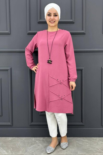 Kadın Nervür Dikim Taş Detaylı Tunik MDE24200287-045-Gül Kurusu