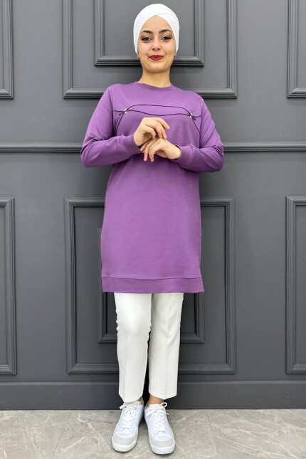Kadın Nervür Dikim Taş Detaylı Tesettür Tunik MDE24K00324-084-LİLA