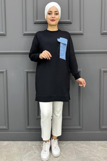 Kadın Kot Kombinli Taşlı Detaylı Tesettür Tunik 19-SİYAH
