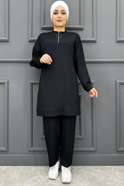 Kadın Yaka Fermuarlı İkili Takım 25-SİYAH