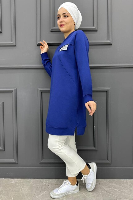 Kadın Simli Kumaş Kombinli Tesettür Tunik 45-MAVİ