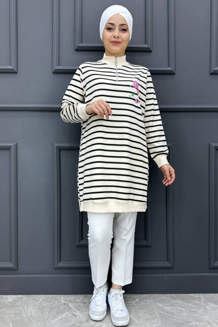 Kadın Çizgili Yaka Fermuarlı Tesettür Tunik 50-SİYAH