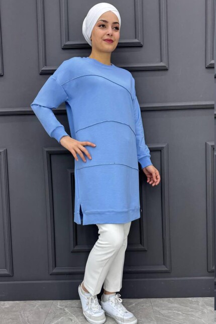 Kadın Nervür Dikim Detaylı Tesettür Tunik 64-MAVİ