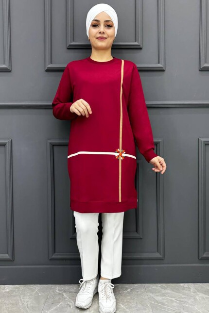 Kadın Garnili Bronş Detaylı  Tesettür Tunik 71-BORDO