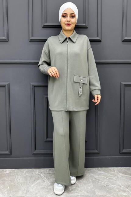 Kadın Kemerli Ve Cep Kapak Detaylı  Takım 164-HAKİ
