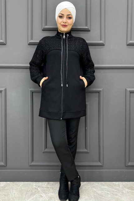 Kadın Önü Ve Kolu Desenli  Tunik  185-SİYAH