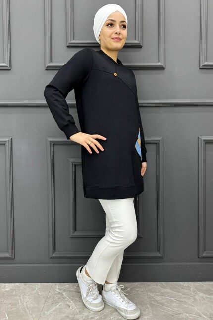 Kadın Düğme Ve Aksesuar  Detaylı Tesettür Tunik 206-SİYAH