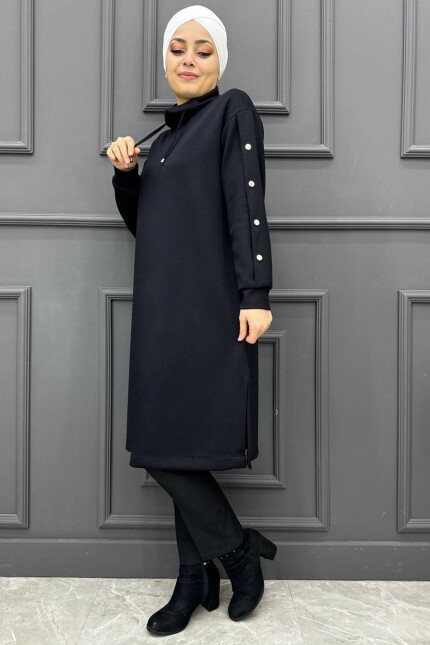 Kadın Kapşonlu Kolu Düğmeli  Tunik  239-SİYAH
