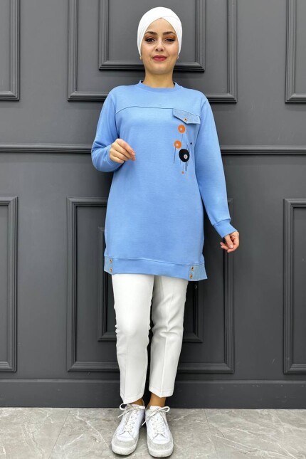 Kadın Baskı  Detaylı  Tesettür Tunik 245-MAVİ