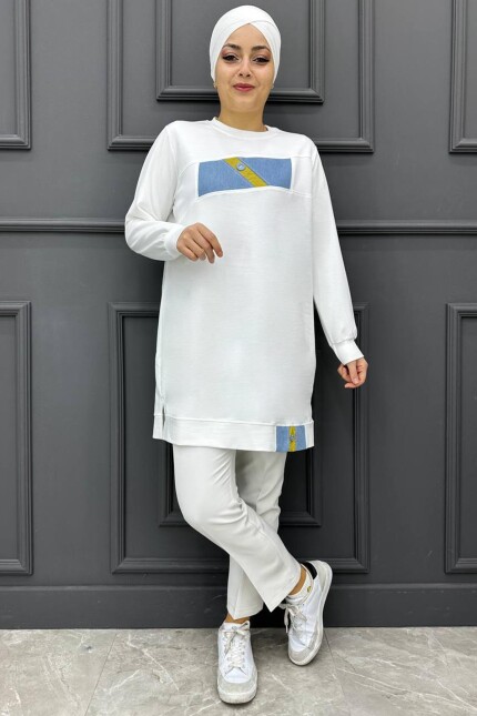 Kadın Kombinli Taş Detaylı Tesettür Tunik 249-EKRU