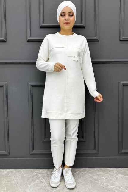 Kadın Cepli Ve  Taş Detaylı Tesettür Tunik 280-EKRU